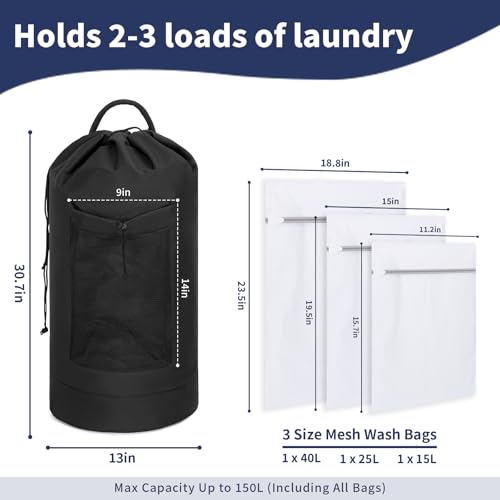 150L Laundry Bag Backpack with 3 Sizes Mesh Wash Bags and Shoulder Straps Foldable Clothes Hamper Bag with Drawstring Closure for College, Apartment, Laundromat（Black） - color: Black
