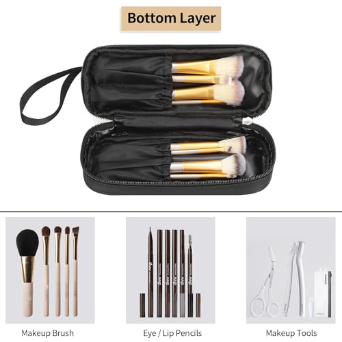 Ethereal Small Makeup Bag, 2 Layers Travel Makeup Bag with Makeup Brush Holder, Cosmetic Bag Black Make up Pouch for Women/Girls - color: 02-nylon black