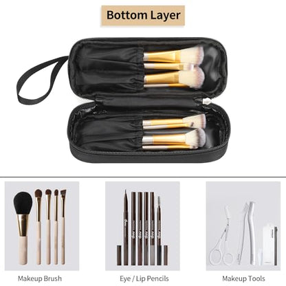 Ethereal Small Makeup Bag, 2 Layers Travel Makeup Bag with Makeup Brush Holder, Cosmetic Bag Black Make up Pouch for Women/Girls - color: 02-nylon black