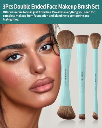EIGSHOW Makeup Brush Set, 3Pcs Dual Ended Face Makeup Brushes for Foundation Powder Contour Highlight Concealer Nose Shadow, Travel Gift Set (Cyan) - color: Cyan