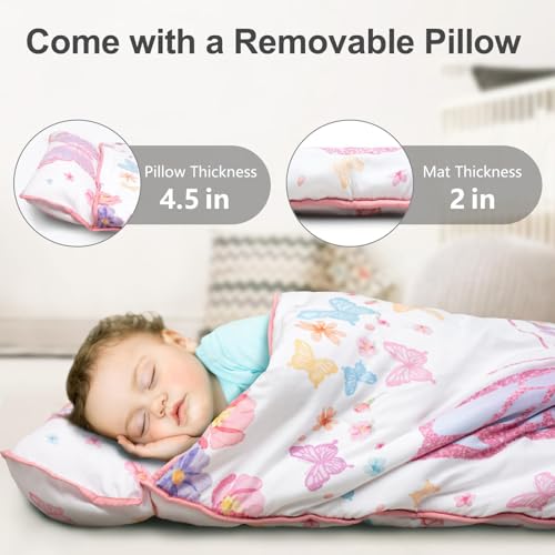 Primlect Thickened Toddler Nap Mat with Removable Pillow and Minky Blanket, Extra Large 55''x35'' Sleeping Bag, Washable, Roll up, Perfect for Daycare, Preschool, Kindergarten, Girls Butterfly - color: Pink Butterfly