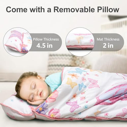 Primlect Thickened Toddler Nap Mat with Removable Pillow and Minky Blanket, Extra Large 55''x35'' Sleeping Bag, Washable, Roll up, Perfect for Daycare, Preschool, Kindergarten, Girls Butterfly - color: Pink Butterfly
