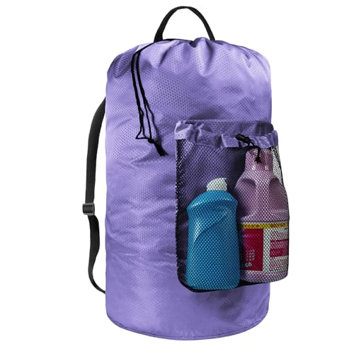 Laundry Bag with Shoulder Straps and Mesh Pocket Laundry Backpack Large Portable Laundry Hamper for College Laundromat Apartment - color: Purple