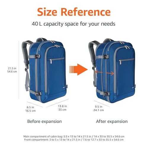 Amazon Basics Travel Backpack, Carry-On with Laptop Compartment, 1.55 cubic Expandable Storage, Dual Use Backpack & Shoulder Bag with Multiple Compartments and Pockets, 13.8'' x 9.5'' x 21.5'', Navy - color: Navy