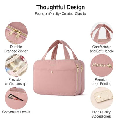Hanke Hanging Travel Toiletry Bag for Women with Jewelry Organizer Compartment, Travel Essentials Toiletries and Makeup Bag, Water-Resistant & Stain-Resistant with Trolley Strap (Pink) - color: Pink