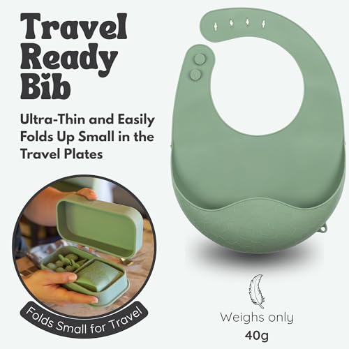 Baby Travel Essentials 6 Pc Silicone Feeding Set - Portable Toddler Plates with Suction, Baby Spoons & Foldable Bib in Carrying Case - BPA-Free Infant & Toddler Utensils for Airplanes & Eating Out - color: Green