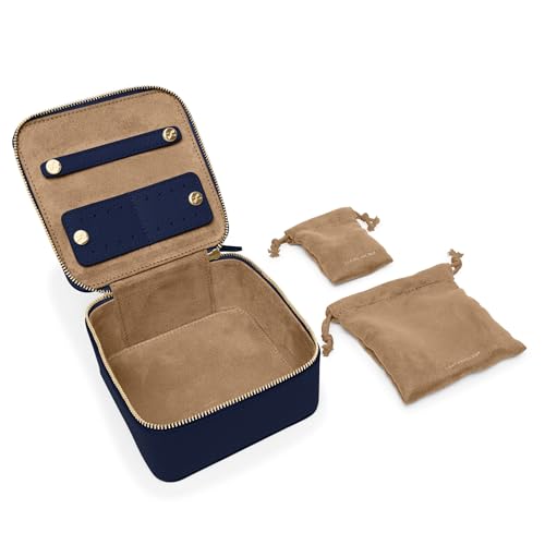 Leatherology Navy Blue Medium Jewelry Organizer – Full-Grain Leather Travel Case with Structured Design, Ring & Earring Storage, Zippered Suede Pouches - color: Navy Blue