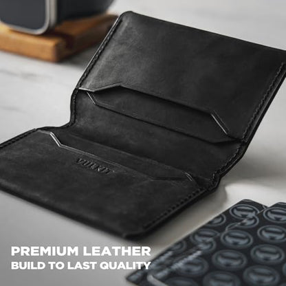 VULKIT Slim Minimalist Card Holder RFID Blocking Leather Credit Card Holder Front Pocket Wallet Magnetic Closure, Handcrafted Cowhide Version - color: Handicrafts Cowhide- Black