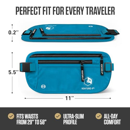 VENTURE 4TH Money Belt for Travel – Slim Hidden Under-Clothes RFID Blocking Anti-Theft Passport Holder & Travel Wallet Pouch for Men & Women to Protect Cash, Cards & Documents (Blue) - color: Blue