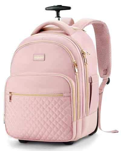 Arcoyard Small Rolling Backpack, 14.3 Inch Underseat Carry On Luggage With Wheels For Adults, Wheeled Backpack for Women, Travel Roller Bag, Pink - color: Pink, size: 15-inch