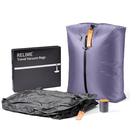 Relime Classic Series Vacuum Bags for Travel Luggage with Wireless Pump, Compression Bags for Carry On Suitcases and Backpack, Vacuum Seal Packing cube for Cloth Packing (2PC + PUMP Gray & Lavender) - color: 2PC Gray & Lavender