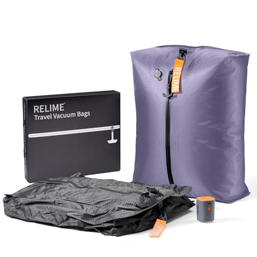 Relime Classic Series Vacuum Bags for Travel Luggage with Wireless Pump, Compression Bags for Carry On Suitcases and Backpack, Vacuum Seal Packing cube for Cloth Packing (2PC + PUMP Gray & Lavender) - color: 2PC Gray & Lavender