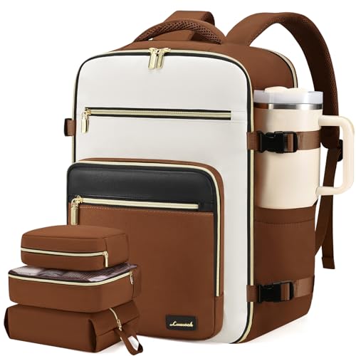 LOVEVOOK Travel Backpack For Women,40L Carry On Backpack Flight Approved,TSA Personal Item Travel Bag Fits 17 Inch Laptop,Business Weekender Overnight Daypack with Toiletry Bag and Cubes - color: Brown and White and Black, size: 17.3 Inch-40L-4Pcs