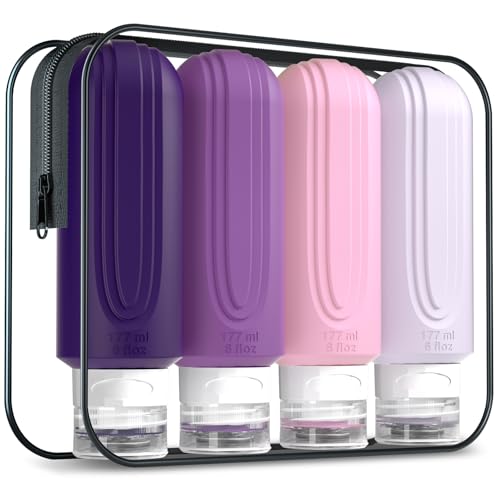 Mrsdry Travel Bottles for Toiletries, Large 6oz Oversize Containers, BPA Free Leak Proof Tubs Refillable Liquid Traveler Accessories with Toiletry Bag for Cometic Shampoo and Lotion Soap (4 Pack) - color: Purple-6oz