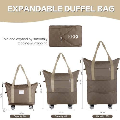 Expandable Rolling Duffle Bag - Large Carry-On With Spinner Wheels, Foldable Weekend Travel Bag, 28-58L Capacity（BackpackKhaki Checkboard） - color: Backpack-Khaki Checkboard, style: Backpack