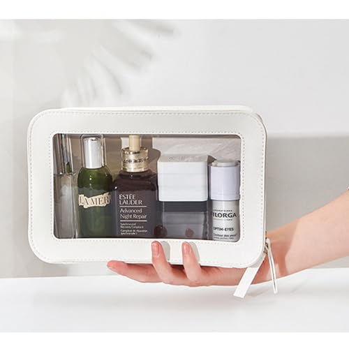 Clear and Waterproof Makeup Bag Portable Travel Cosmetic Case Organizer for Women Toiletry Pouch with Transparent Vinyl Windows & Zippers (White) - color: White