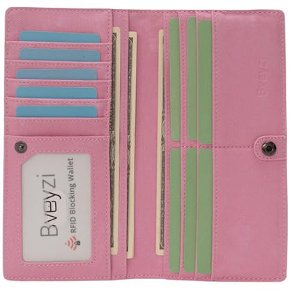 Bveyzi Ultra Slim Thin Leather RFID Blocking Credit Card Holder Bifold Clutch Wallets for Women - color: Pink