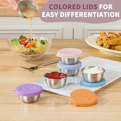 SANEXC 8 Pack - 1.6 Oz Small Salad Dressing Containers To Go, Leakproof Condiment Containers with Lids Reusable Stainless Steel Sauce Cups for Lunch Boxes Kitchen Storage Picnics Travel Meal Prep - color: 1.6 OZ-Multicolor