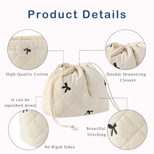 Cotton Quilted Drawstring Makeup Bag with Canvas Lining,Coquette Aesthetic Cute Travel Toiletry Bag,Drawstring Gift Bag for Women and Girls（05Beige Bows） - color: 05Beige Bows