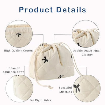 Cotton Quilted Drawstring Makeup Bag with Canvas Lining,Coquette Aesthetic Cute Travel Toiletry Bag,Drawstring Gift Bag for Women and Girls（05Beige Bows） - color: 05Beige Bows