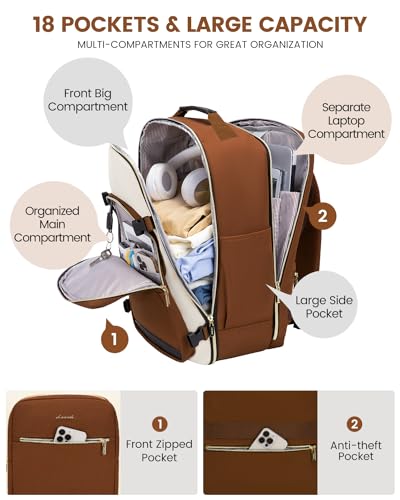 LOVEVOOK 40L Travel Backpack for Women & Men, Airline Approved Carry On Luggage with 3 Packing Cubes, TSA Overnight Bags, Waterproof Personal Item Bag, Weekender Essentials Backpacks fits 17" Laptop - color: Brown-beige-black, size: Large