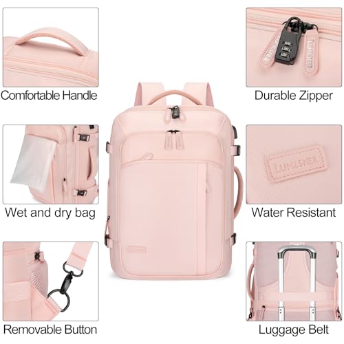Lumesner Carry on Travel Backpacks, Extra Large 40L Flight Approved Bag for Men & Women,Expandable Suitcase Backpack With 4 Packing Cubes,Water Resistant Luggage Daypack Business Weekender Bag, Pink - color: Pink