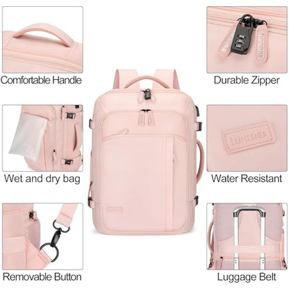 Lumesner Carry on Travel Backpacks, Extra Large 40L Flight Approved Bag for Men & Women,Expandable Suitcase Backpack With 4 Packing Cubes,Water Resistant Luggage Daypack Business Weekender Bag, Pink - color: Pink