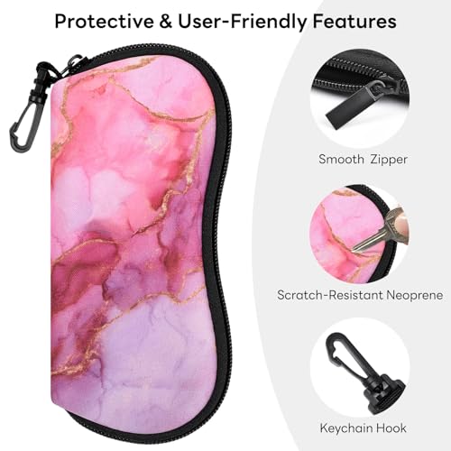 Sunglasses Case with Belt Clip, Ultra Light Neoprene Zipper Soft Padded Glasses Case for Women Men - color: Pink Marble