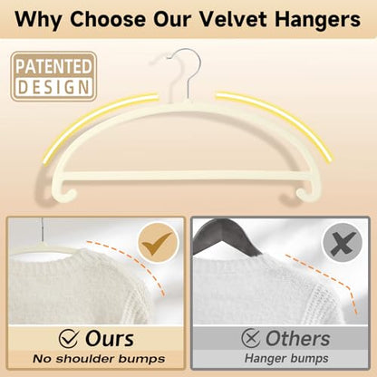 MIZGI 50 Pack Ivory Velvet Hangers - No Shoulder Bumps, Heavy Duty Non-Slip Chrome Hooks for Jackets, Coats, Pants - color: Ivory/Upgraded
