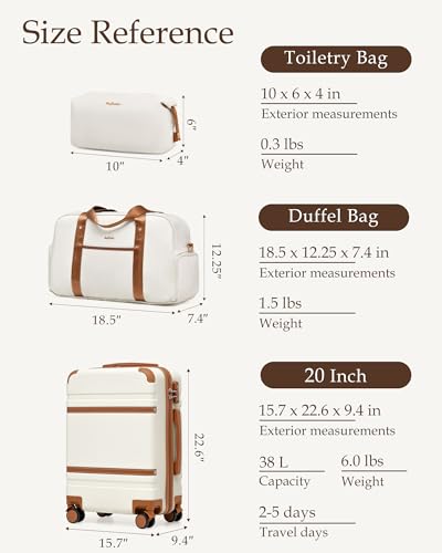 LONG VACATION Carry On Luggage Set 3 Piece, 20 Inch ABS+PC Hardshell Carry on Suitcase with Spinner Wheels TSA Lock & YKK Zipper - color: White Brown, size: 3 Piece Set (20 Inch)