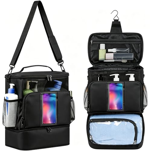 TOPMELON Portable Shower Caddy, Large Capacity Shower Tote Bag for Travel, College Dorm Room Essentials for Girls & Guys, Quick Drying Hanging Bathroom Caddy for Gym (Black-Pro) - color: Black-Pro