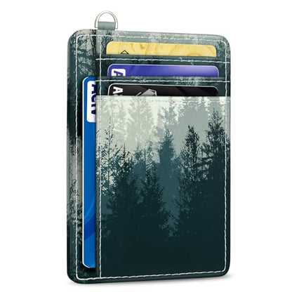 Yonlevres Credit Card Holder Slim Wallet, Forest RFID Wallet Women Front Pocket Small Card Holder, Travel Cute Funny Thin Card Case ID Window PU Leather RFID Blocking Card Organizer Gifts Girls Ladies - color: Forest