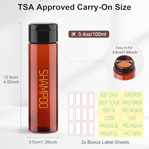 Cosywell 5 Pack 3.4oz Travel Bottles for Toiletries Pre-Printed Travel Shampoo Bottles TSA Approved Toiletry Wide Mouth Leak Proof Squeeze Bottle for Lotion Toothpaste Cream(Brown) - style: A-3.4oz-Brown-3label2blank