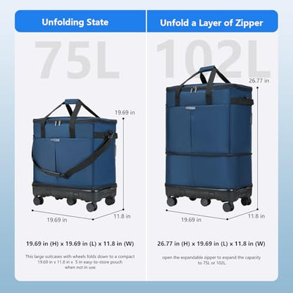 Large Capacity Rolling Duffle Bag with Detachable Wheels,Expandable Foldable Suitcase for Travel,Collapsible Luggage Duffel Overnight Weekend Bags without Telescoping Handle - color: Blue