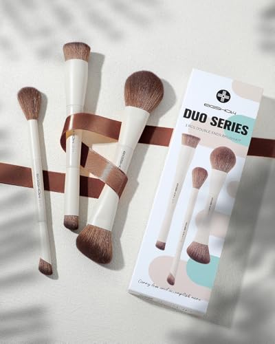 EIGSHOW Makeup Brush Set, 3Pcs Double Ended Face Makeup Brushes for Foundation Powder Contour Highlight Concealer Nose Shadow, Travel Gift Set (Beige) - color: Beige
