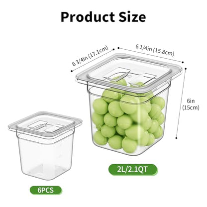 1/6 6'' 6 Pack Plastic Food Pans With Lids, Clear Food Pan, Commercial Stackable Polycarbonate Freezer-Safe for Fruits Vegetables Restaurant Kitchen - color: 1/6 6"6 Pack
