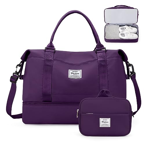 Weekender Bags for Women,Personal Item Travel Bag with Shoes Compartment,Overnight Travel Duffel Bag with Toiletry Bag - color: Dark Purple, size: Large