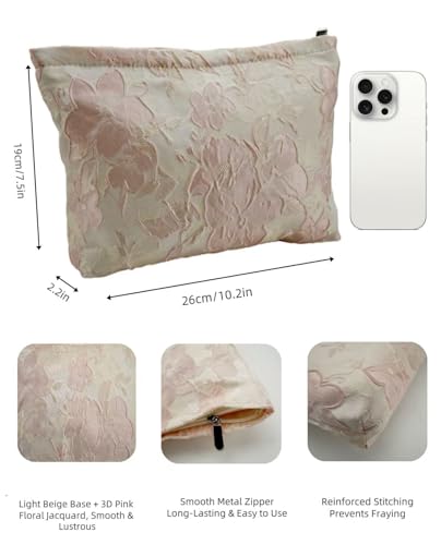 D Embossed Floral Makeup Bag - Large Capacity Pink Textured Cosmetic Organizer | Travel Toiletry Pouch for Women (Elegant Flower Pattern, Durable Fabric) - color: pink