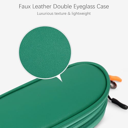 Double Eyeglasses Case Soft Portable Zipper Sunglasses Pouch with Keychain Clip for Men Women - color: Green Pu