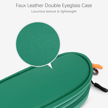 Double Eyeglasses Case Soft Portable Zipper Sunglasses Pouch with Keychain Clip for Men Women - color: Green Pu