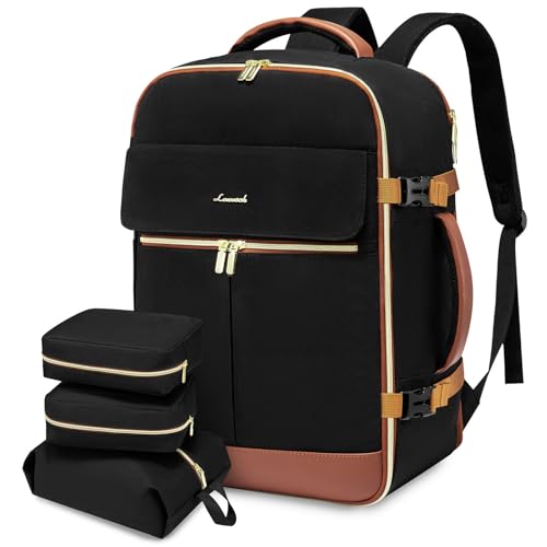 LOVEVOOK Carry On Backpack, 30L Travel Backpack Women with 3 Packing Cubes, TSA Airline Approved Suitcase Bag as Personal Item, Waterproof 15.6 inch Laptop Backpack for Weekender Overnight,Black-Brown - color: Black-brown, size: 35L-15.6 Inch-4Pcs