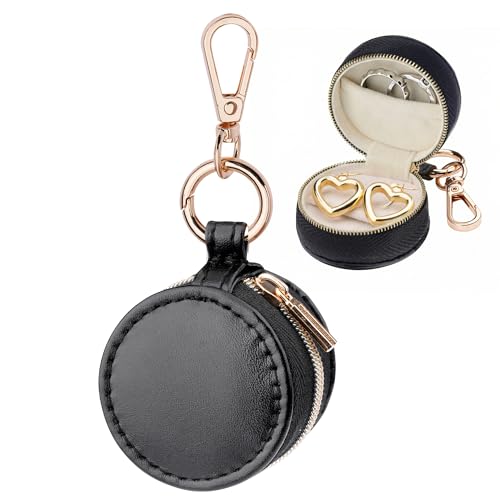 Portable Ring Holder Keychain, Mini Sports Jewelry Holder Box, Small Travel Ring Earring Stud Necklace Storage Case (Black) - color: Black