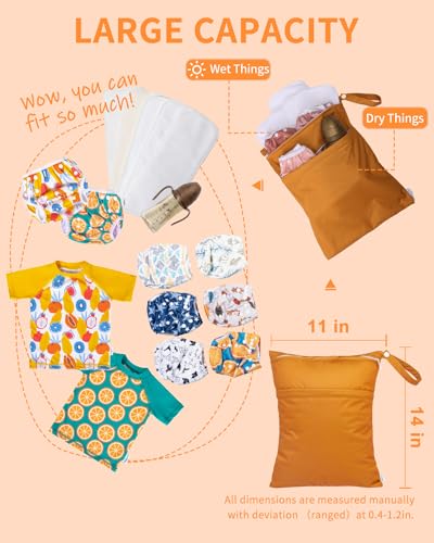 babygoal Wet Dry Bags 3 Pack for Baby Cloth Diapers, Washable Travel Bags, Beach, Pool, Gym Bag for Swimsuits & Wet Clothes with Two Zippered Pockets 3LN29 - color: Ginger yellow & yellow brown