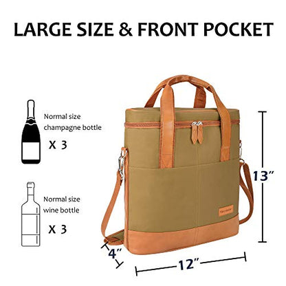 Tirrinia Insulated Wine Gift carrier - 3 Bottle Travel Padded Wine Carry Cooler Tote Bag with Handle and Adjustable Shoulder Strap, Khaki - color: Khaki