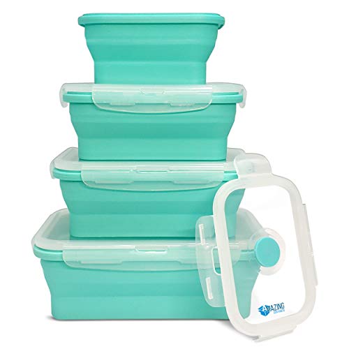 AMAZING CONTAINERS™ Collapsible Silicone Food Storage Container Set of 4 with Lids | Stackable | Microwaveable | Freezer, Dishwasher Safe| BPA Free