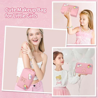 Initial Makeup Bag for Girls, Cute Makeup Bag Small Cosmetic Bag Travel Make Up Organizer Pouch, Birthday Gifts for Girls 4 5 6 7 8 9 10 11 12 13 14 15 Years Old, Teen Girls Gifts Trendy Stuff - color: Pink + Bracelet, style: A