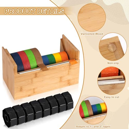 Wood Masking Tape Dispenser Fits 1" and 3" Core Large Tape Dispenser 3 Inch Core Painters Tape Dispenser Multi Roll Tape Holder Craft Tape Dispenser with 8 Pcs 3 Inch Core for Heat Tape (No Tape)