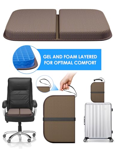 WISIMMALL Gel Seat Cushion Portable Massage Travel Cushions, 14.5" x 10.5" Thick Foldable Seat Cushion for Car Office Chair Wheelchair Hip, Coccyx, Sciatica, Pressure Sores Tailbone Pain Relief - size: M-Brown