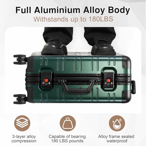 VentureVault All Aluminum Carry On Luggage 22x14x9 Airline Approved，Zipperless Luggage Premium Aluminum Suitcase Luggage, Hard Shell Carry On Luggage with Spinner Wheels (dark green, 20inch) - color: Green, size: 20inch