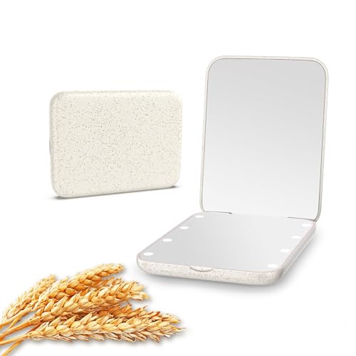Kintion Wheat Straw Compact Mirror, 1X/3X Magnification, Lighted, Folding, Portable, Eco-Friendly, Great Gift - color: Wheat Straw Apricot